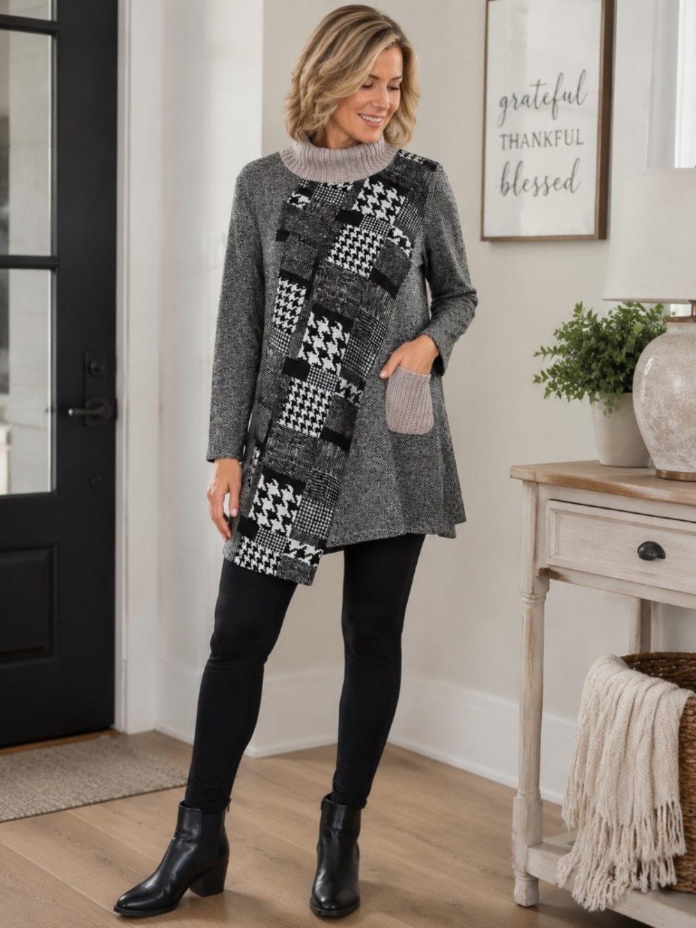 Trisha Tayler Lagenlook Patchwork Houndstooth Knit Tunic Sweater Size L